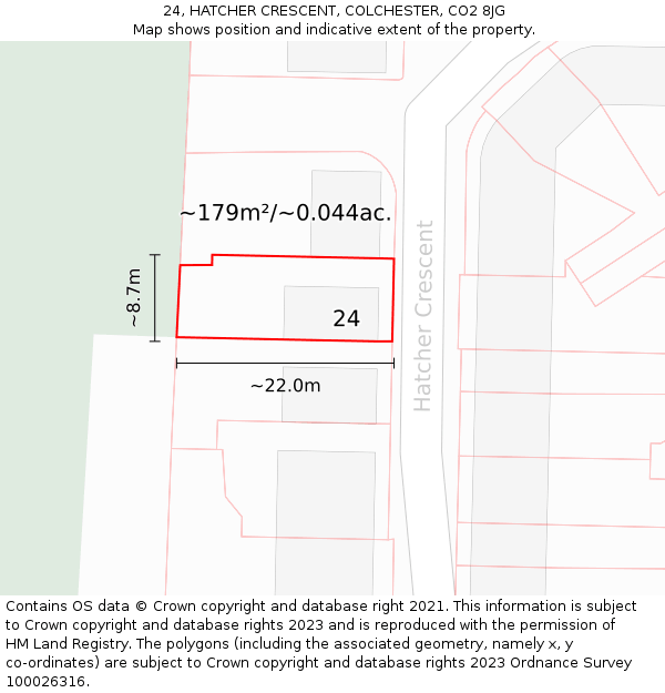 24, HATCHER CRESCENT, COLCHESTER, CO2 8JG: Plot and title map