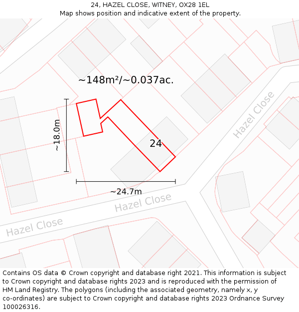24, HAZEL CLOSE, WITNEY, OX28 1EL: Plot and title map