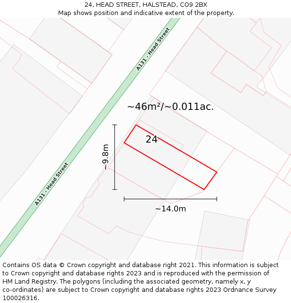 24, HEAD STREET, HALSTEAD, CO9 2BX: Plot and title map