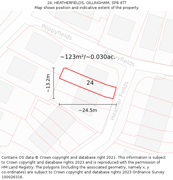 24, HEATHERFIELDS, GILLINGHAM, SP8 4TT: Plot and title map