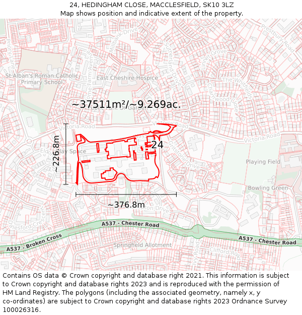 24, HEDINGHAM CLOSE, MACCLESFIELD, SK10 3LZ: Plot and title map