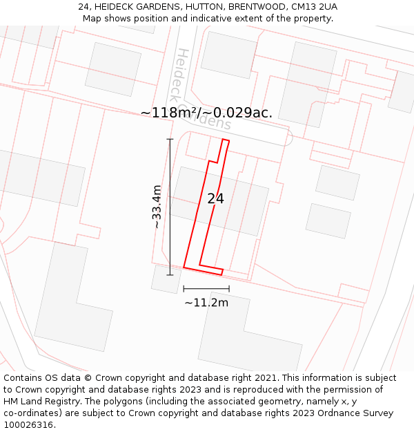 24, HEIDECK GARDENS, HUTTON, BRENTWOOD, CM13 2UA: Plot and title map