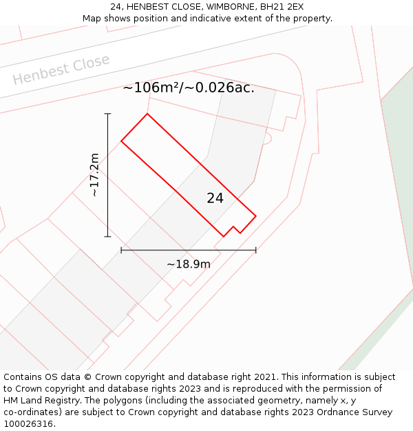 24, HENBEST CLOSE, WIMBORNE, BH21 2EX: Plot and title map