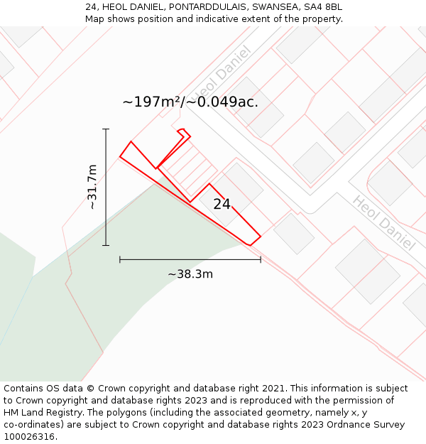 24, HEOL DANIEL, PONTARDDULAIS, SWANSEA, SA4 8BL: Plot and title map