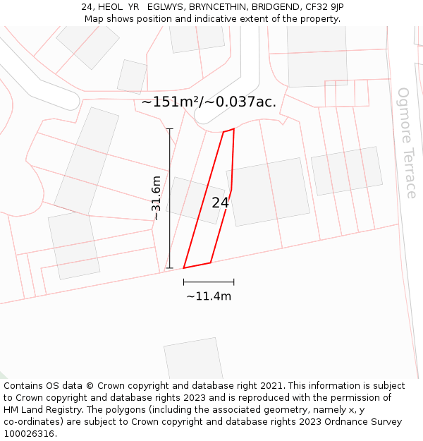 24, HEOL  YR   EGLWYS, BRYNCETHIN, BRIDGEND, CF32 9JP: Plot and title map