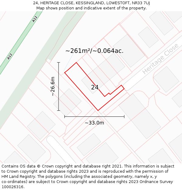24, HERITAGE CLOSE, KESSINGLAND, LOWESTOFT, NR33 7UJ: Plot and title map