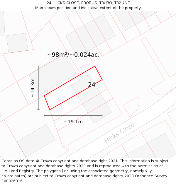 24, HICKS CLOSE, PROBUS, TRURO, TR2 4NE: Plot and title map