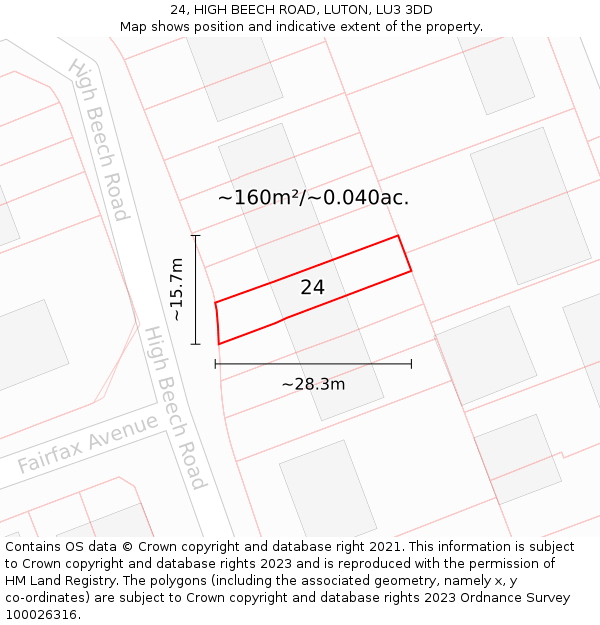 24, HIGH BEECH ROAD, LUTON, LU3 3DD: Plot and title map