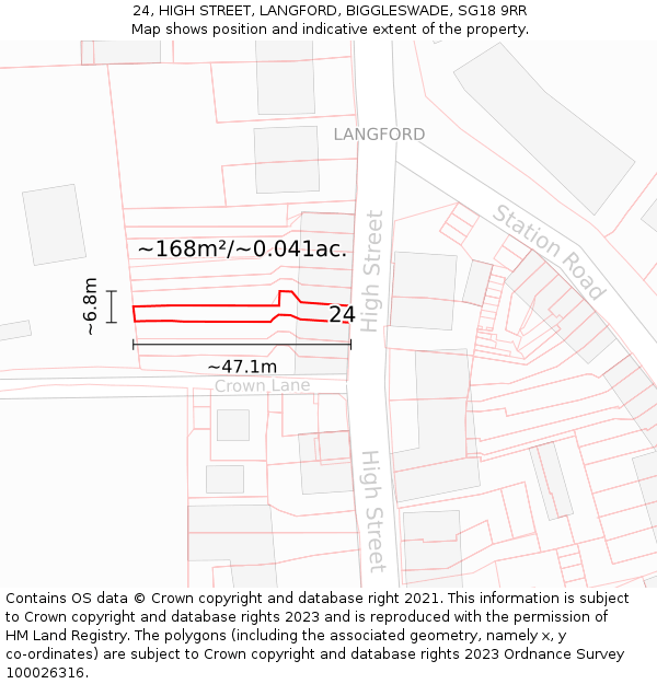 24, HIGH STREET, LANGFORD, BIGGLESWADE, SG18 9RR: Plot and title map