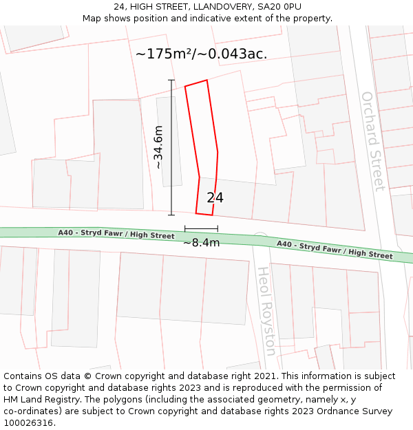 24, HIGH STREET, LLANDOVERY, SA20 0PU: Plot and title map