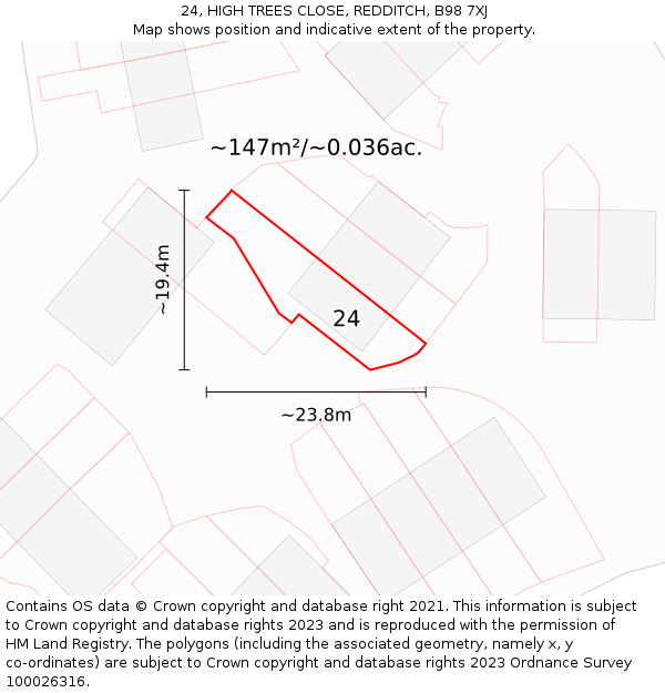 24, HIGH TREES CLOSE, REDDITCH, B98 7XJ: Plot and title map