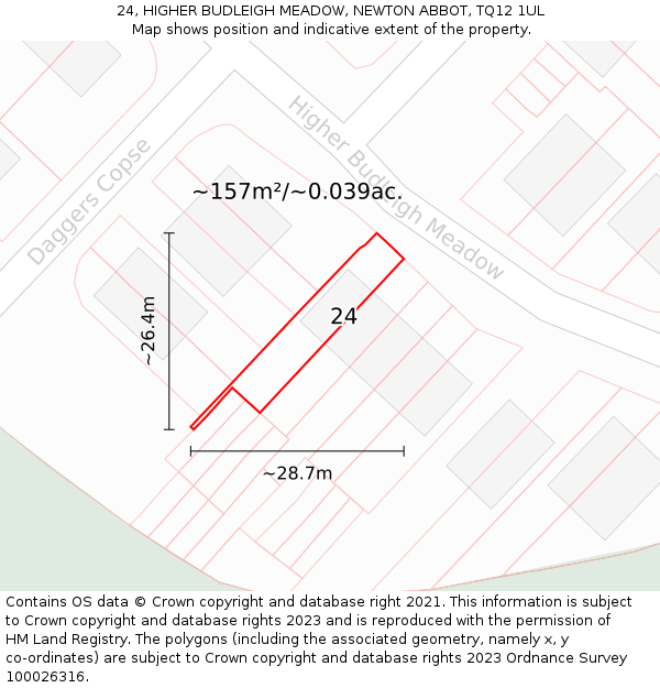 24, HIGHER BUDLEIGH MEADOW, NEWTON ABBOT, TQ12 1UL: Plot and title map