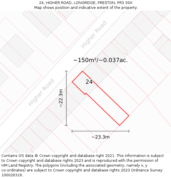 24, HIGHER ROAD, LONGRIDGE, PRESTON, PR3 3SX: Plot and title map