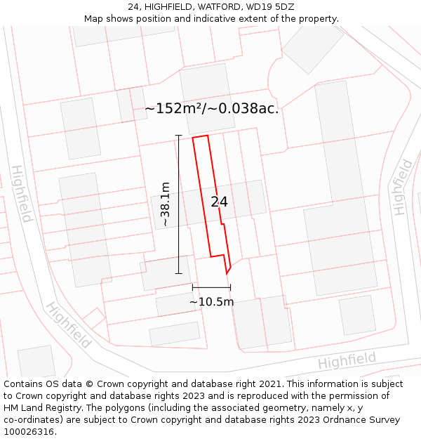 24, HIGHFIELD, WATFORD, WD19 5DZ: Plot and title map