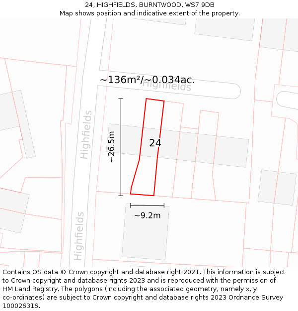 24, HIGHFIELDS, BURNTWOOD, WS7 9DB: Plot and title map