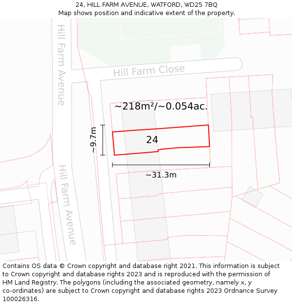 24, HILL FARM AVENUE, WATFORD, WD25 7BQ: Plot and title map