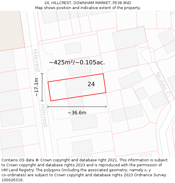 24, HILLCREST, DOWNHAM MARKET, PE38 9ND: Plot and title map