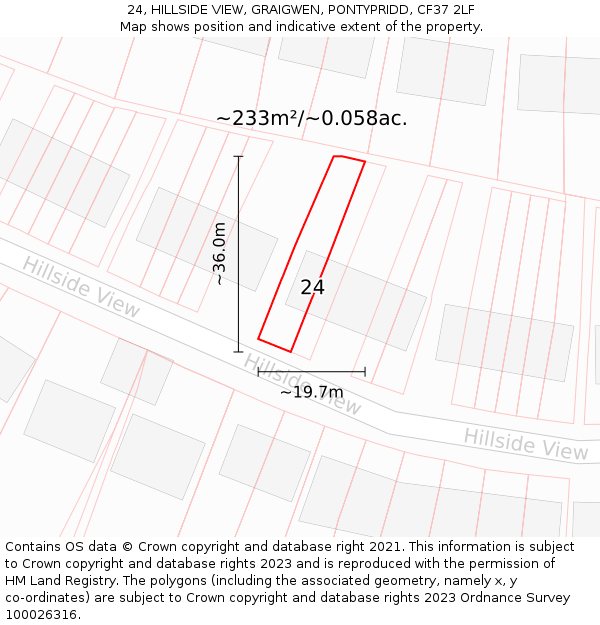24, HILLSIDE VIEW, GRAIGWEN, PONTYPRIDD, CF37 2LF: Plot and title map