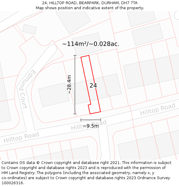 24, HILLTOP ROAD, BEARPARK, DURHAM, DH7 7TA: Plot and title map