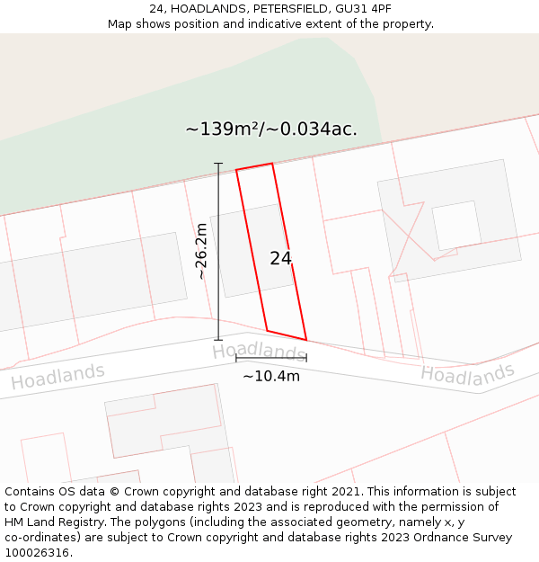 24, HOADLANDS, PETERSFIELD, GU31 4PF: Plot and title map