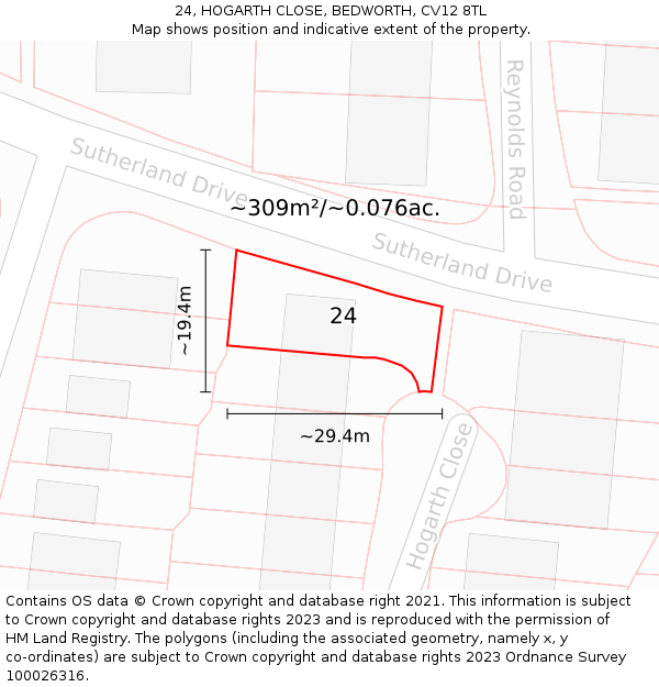 24, HOGARTH CLOSE, BEDWORTH, CV12 8TL: Plot and title map
