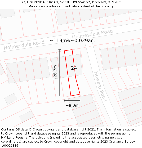 24, HOLMESDALE ROAD, NORTH HOLMWOOD, DORKING, RH5 4HT: Plot and title map