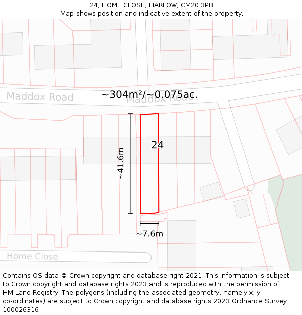 24, HOME CLOSE, HARLOW, CM20 3PB: Plot and title map