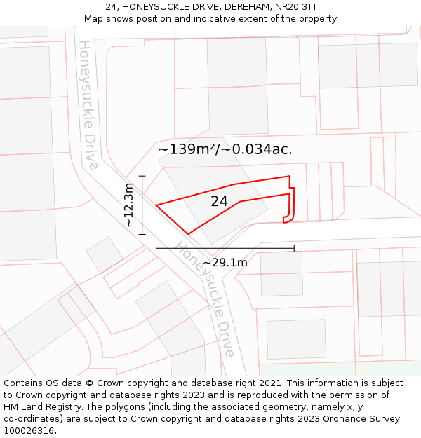 24, HONEYSUCKLE DRIVE, DEREHAM, NR20 3TT: Plot and title map