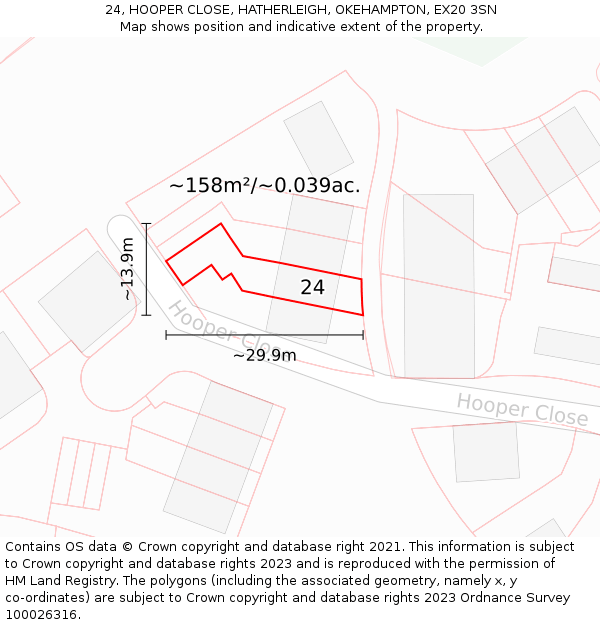 24, HOOPER CLOSE, HATHERLEIGH, OKEHAMPTON, EX20 3SN: Plot and title map
