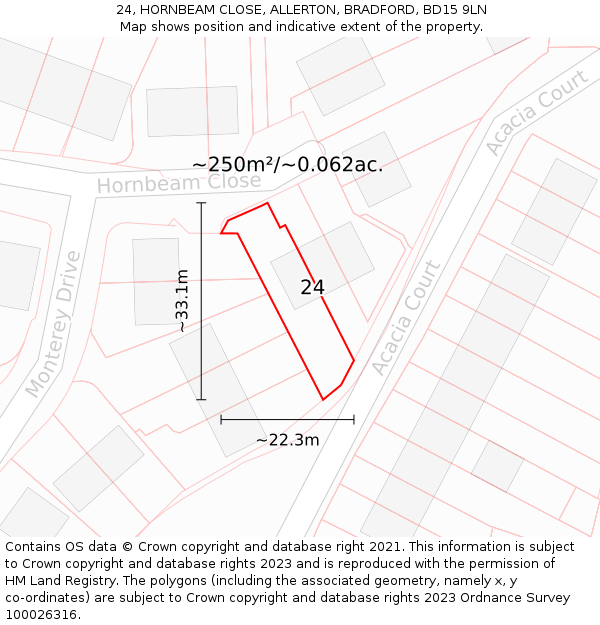 24, HORNBEAM CLOSE, ALLERTON, BRADFORD, BD15 9LN: Plot and title map