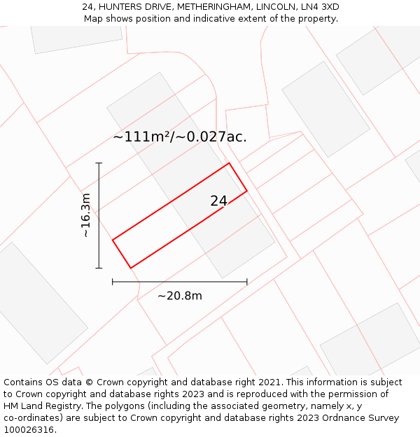24, HUNTERS DRIVE, METHERINGHAM, LINCOLN, LN4 3XD: Plot and title map