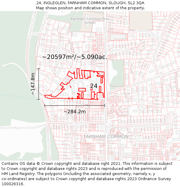 24, INGLEGLEN, FARNHAM COMMON, SLOUGH, SL2 3QA: Plot and title map