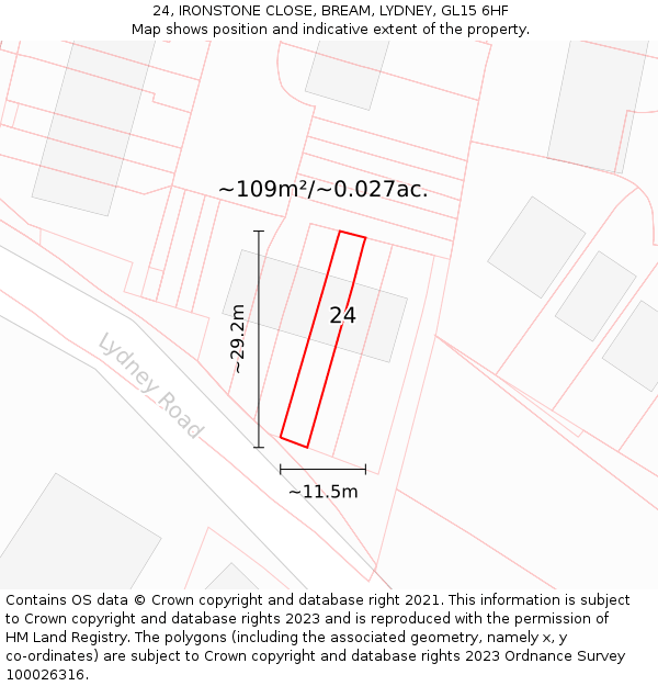 24, IRONSTONE CLOSE, BREAM, LYDNEY, GL15 6HF: Plot and title map
