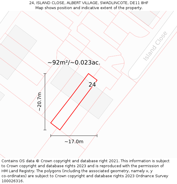 24, ISLAND CLOSE, ALBERT VILLAGE, SWADLINCOTE, DE11 8HF: Plot and title map