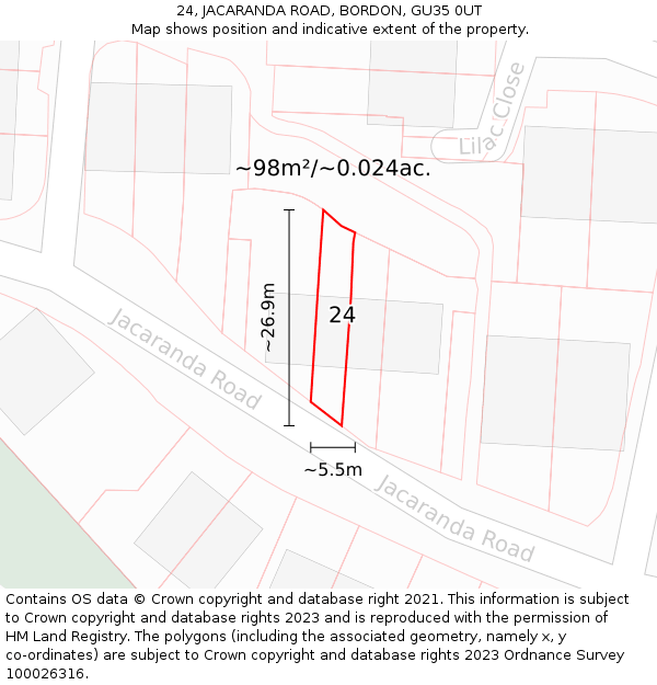 24, JACARANDA ROAD, BORDON, GU35 0UT: Plot and title map