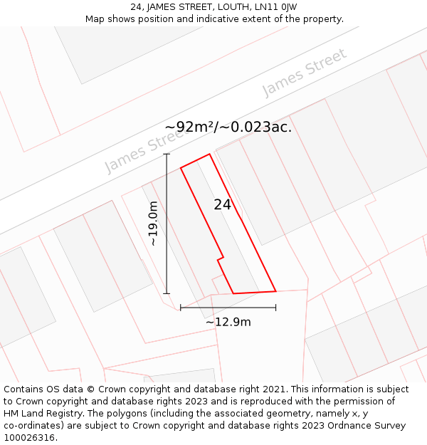 24, JAMES STREET, LOUTH, LN11 0JW: Plot and title map