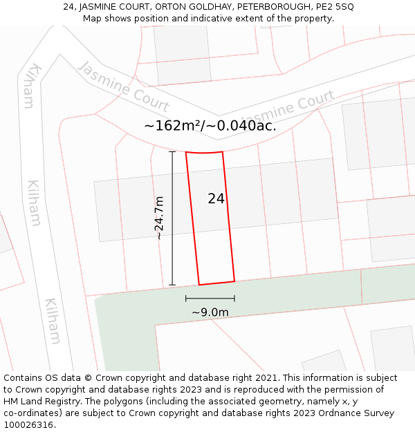 24, JASMINE COURT, ORTON GOLDHAY, PETERBOROUGH, PE2 5SQ: Plot and title map