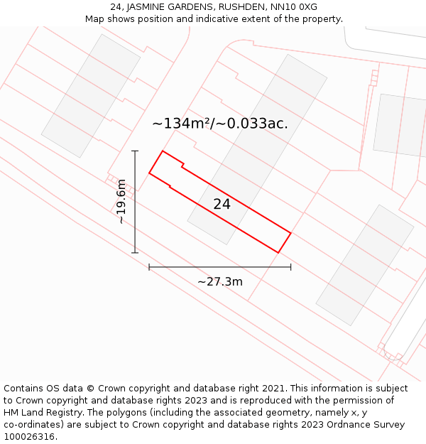 24, JASMINE GARDENS, RUSHDEN, NN10 0XG: Plot and title map