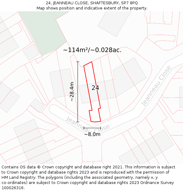 24, JEANNEAU CLOSE, SHAFTESBURY, SP7 8PQ: Plot and title map