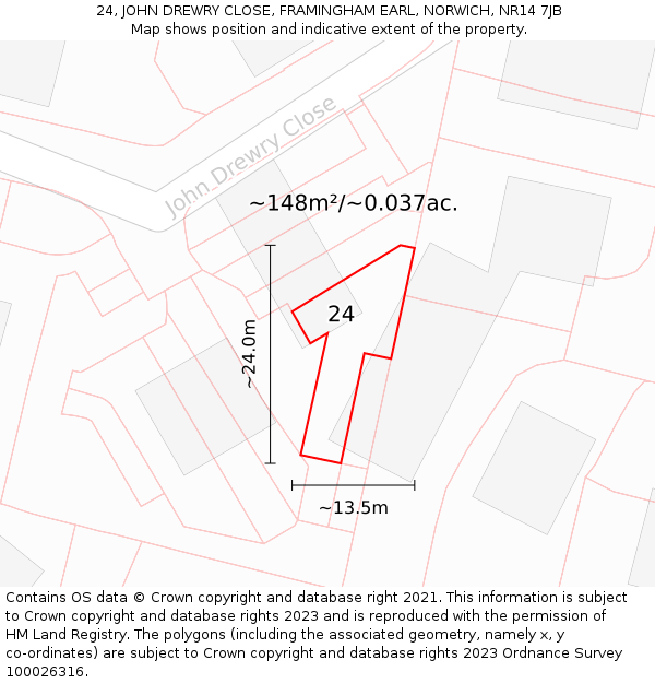 24, JOHN DREWRY CLOSE, FRAMINGHAM EARL, NORWICH, NR14 7JB: Plot and title map