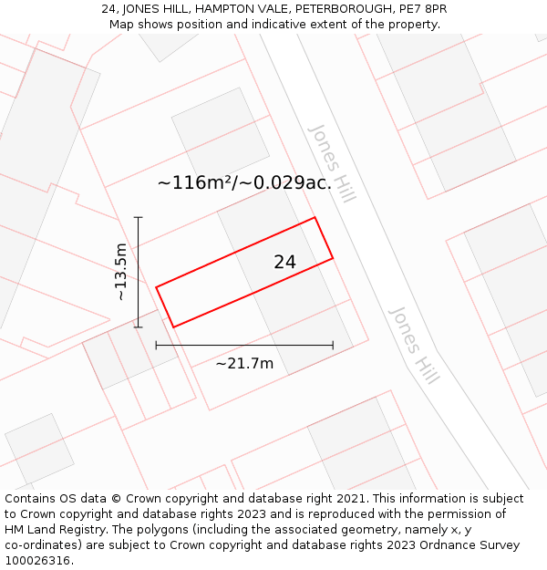 24, JONES HILL, HAMPTON VALE, PETERBOROUGH, PE7 8PR: Plot and title map