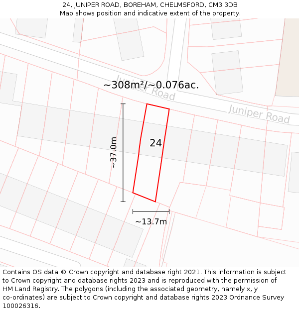 24, JUNIPER ROAD, BOREHAM, CHELMSFORD, CM3 3DB: Plot and title map