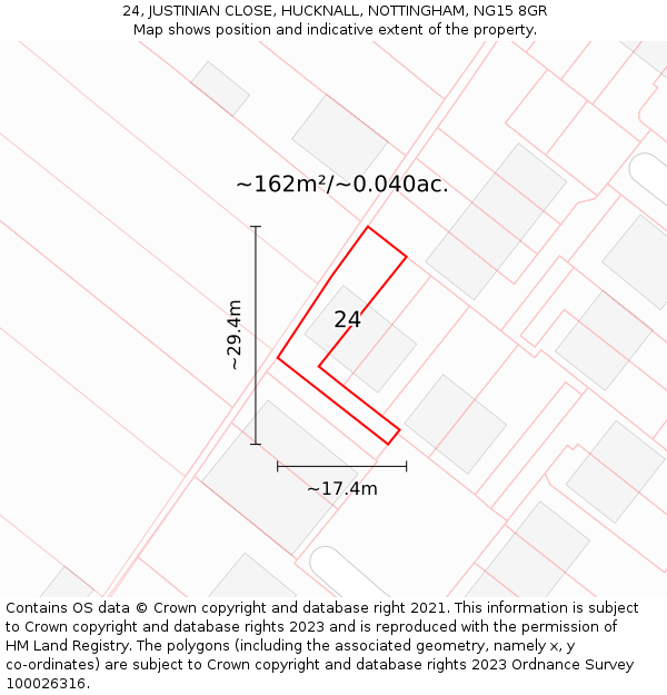 24, JUSTINIAN CLOSE, HUCKNALL, NOTTINGHAM, NG15 8GR: Plot and title map