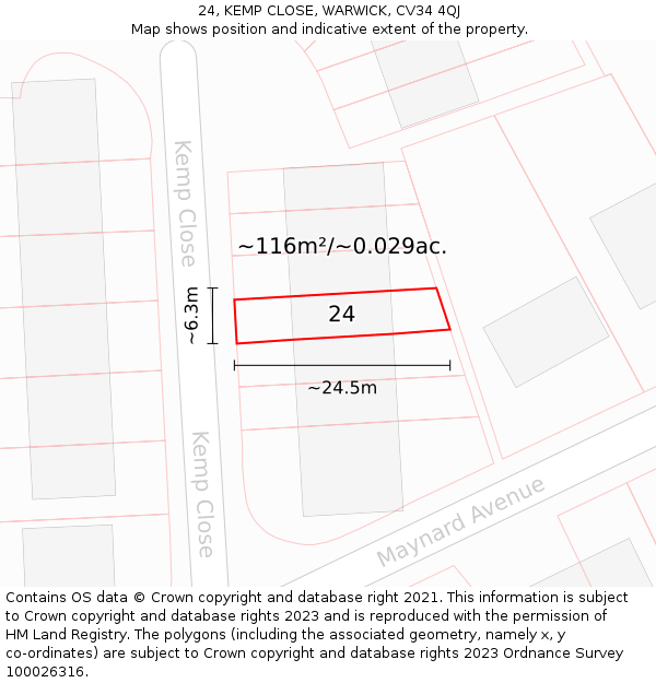 24, KEMP CLOSE, WARWICK, CV34 4QJ: Plot and title map