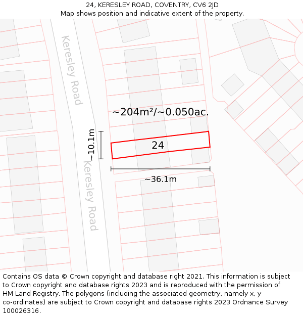 24, KERESLEY ROAD, COVENTRY, CV6 2JD: Plot and title map