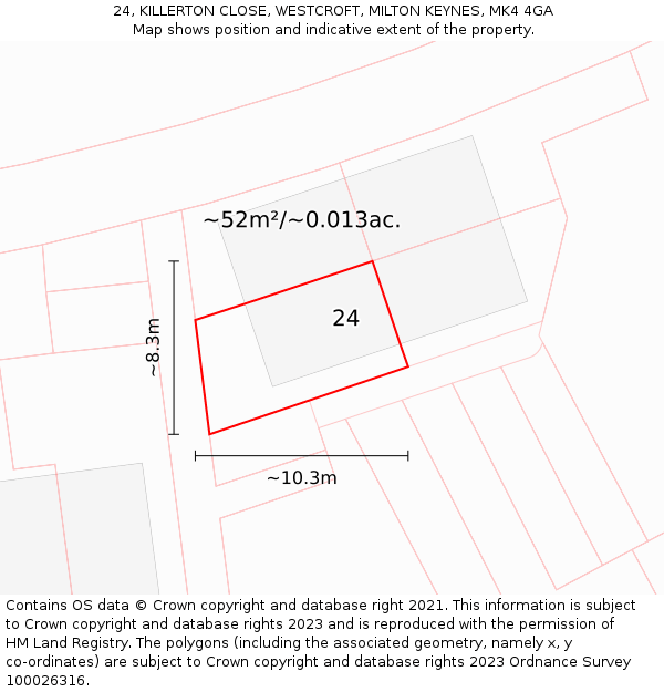 24, KILLERTON CLOSE, WESTCROFT, MILTON KEYNES, MK4 4GA: Plot and title map