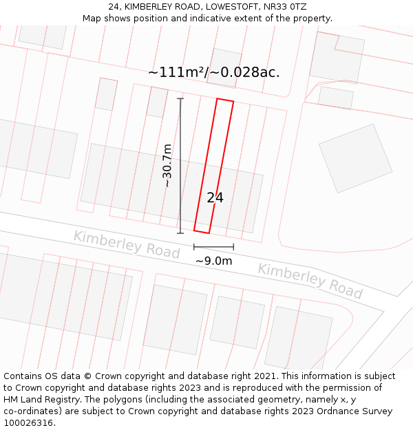 24, KIMBERLEY ROAD, LOWESTOFT, NR33 0TZ: Plot and title map