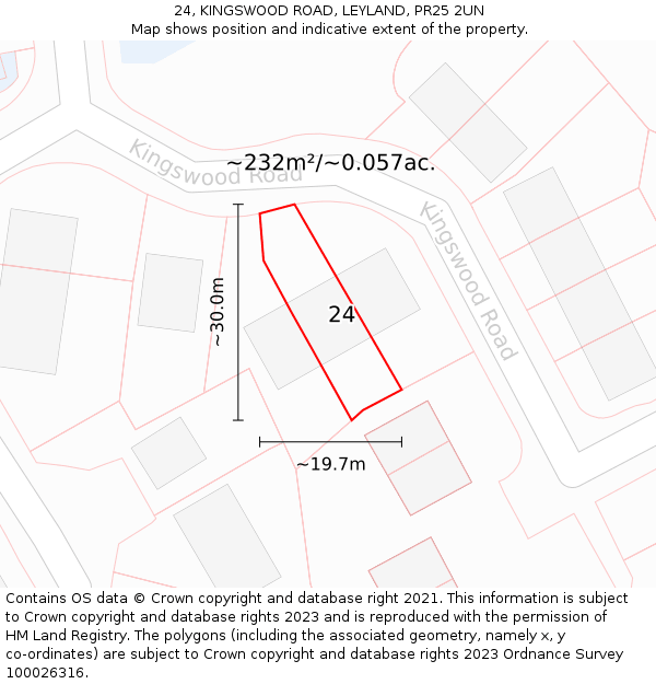 24, KINGSWOOD ROAD, LEYLAND, PR25 2UN: Plot and title map