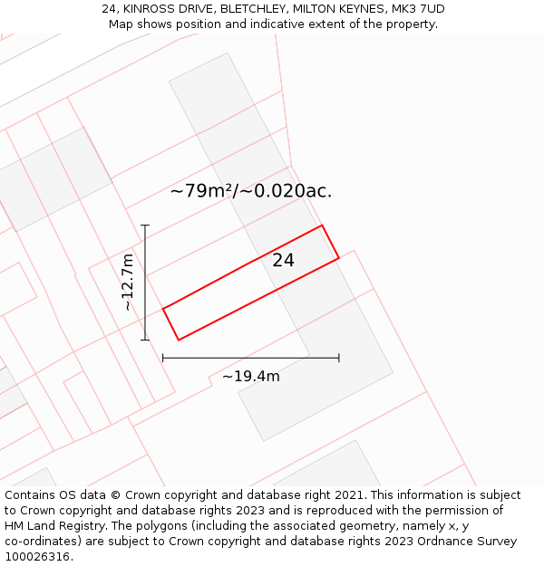 24, KINROSS DRIVE, BLETCHLEY, MILTON KEYNES, MK3 7UD: Plot and title map