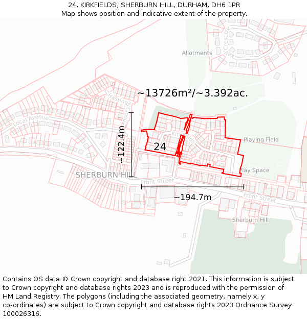 24, KIRKFIELDS, SHERBURN HILL, DURHAM, DH6 1PR: Plot and title map